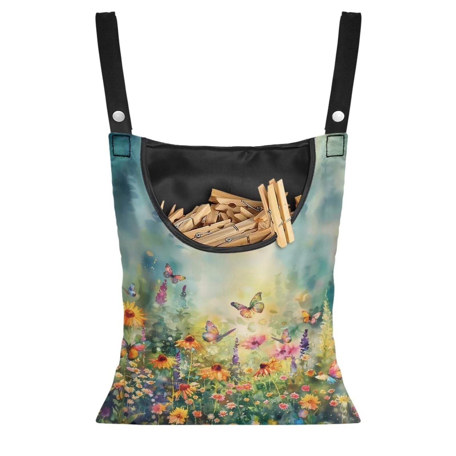 Bivxisrvo Floret Clothespin Bag with Hanging Hook Laundry Clothes Pin Holder Waterproof Clothespin Storage Organizer with Large Opening for Outdoor Wardrobe Laundry Room