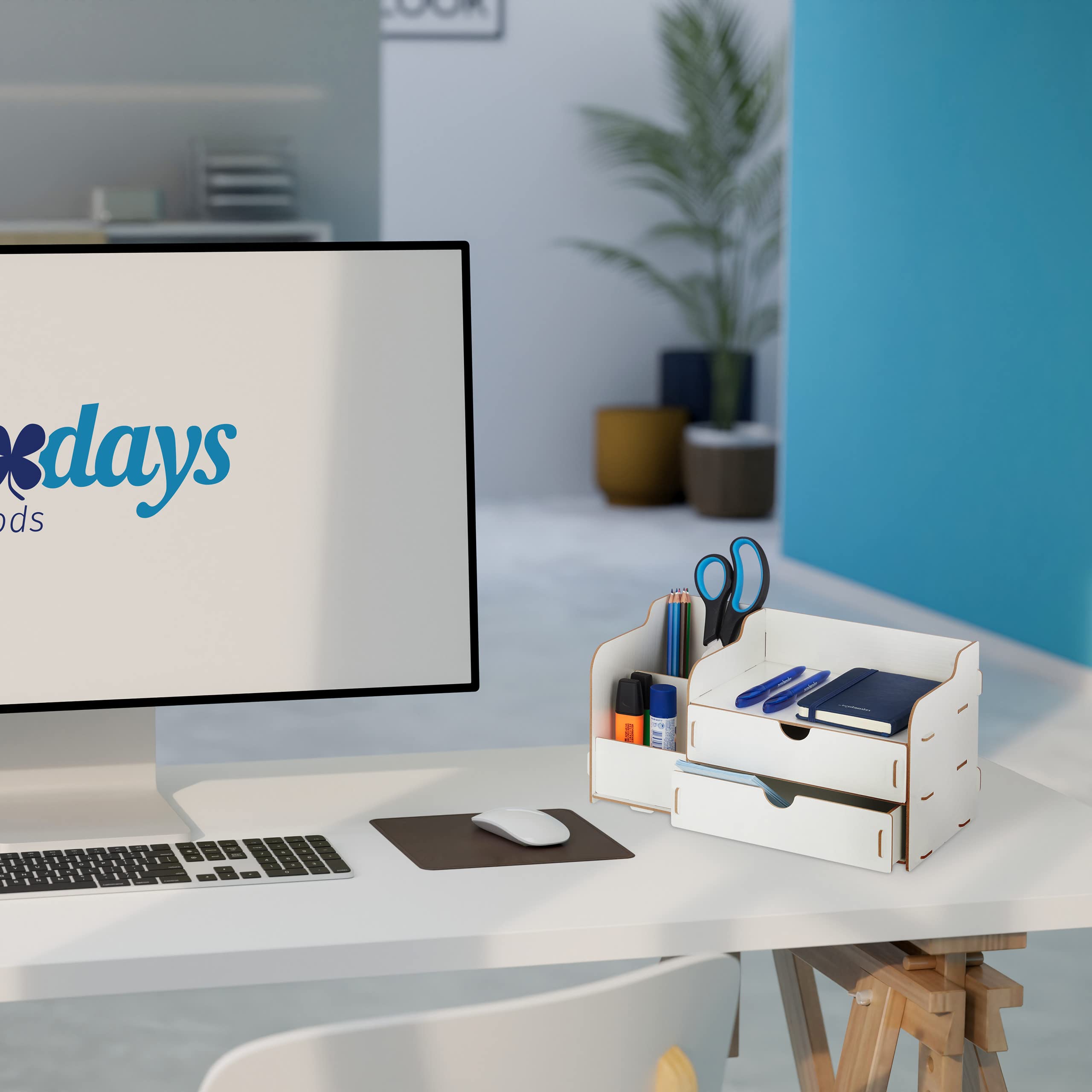 Relaxdays Organizer na biurko, 2 szuflady i 3 przegródki, pojemnik na długopisy MDF, wys. x gł.: 17 x 33 x 19 cm, organizer biurowy, biały