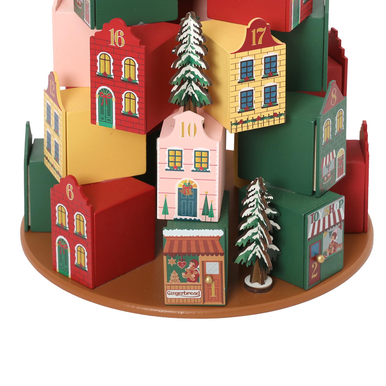 PE 3D Holz-Adventskalender als Weihnachtsdorf, 24 Schubladen zum Befüllen | Holz, 26,6 x 26,6 x 32 cm, 24 nummerierte Schubladen, Weihnachtsdorf-Dekoration, jährlich neu befüllbar