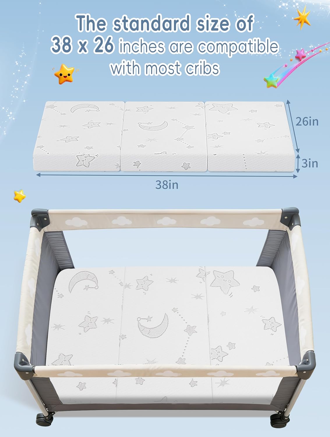 Trifold Pack and Play Mattress 38’’x26’’x3’’ Portable Pack N Play Mattresses with Washable Cover Waterproof Travel Crib Mattress for Baby and Toddler