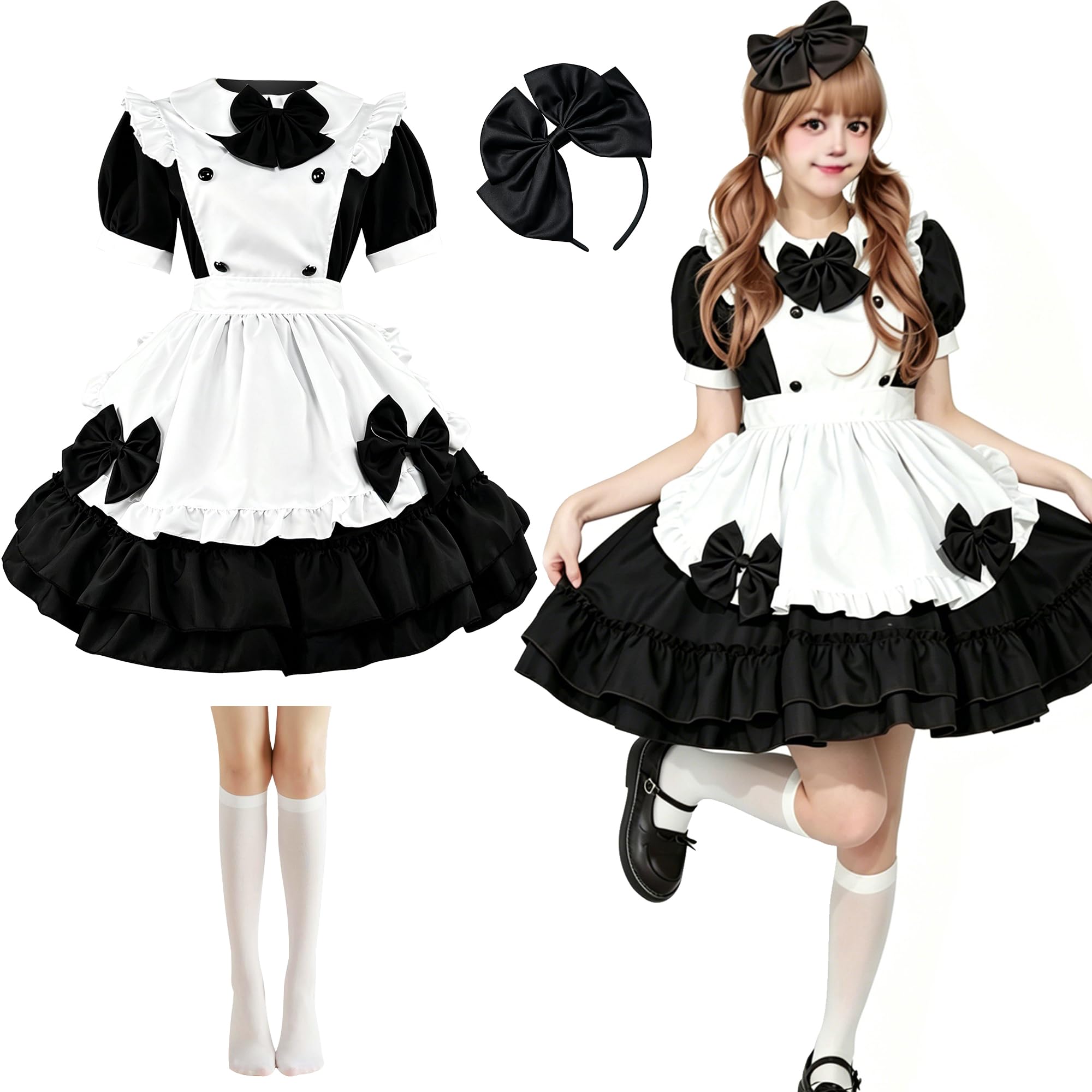 Luckyou Anime French Maid Dress Damen Maid Outfit Mit Schürze Bögen und Socken Niedliche Maid Kostüm für Karneval Halloween Mottoparty Cospaly