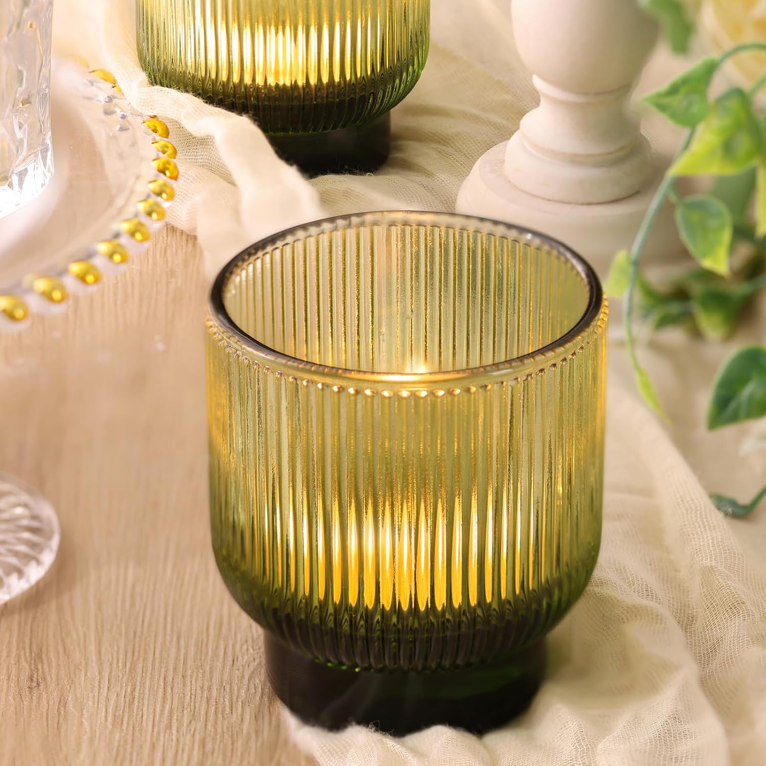 Green Votive Candle Holders Set of 6-2.55" x 3" Gradient Tea Lights Candle Holders Glass with Stylish Ribbed Design, Large Votive Holders for Wedding Centerpieces, Christmas, Vintage Party Home Decor