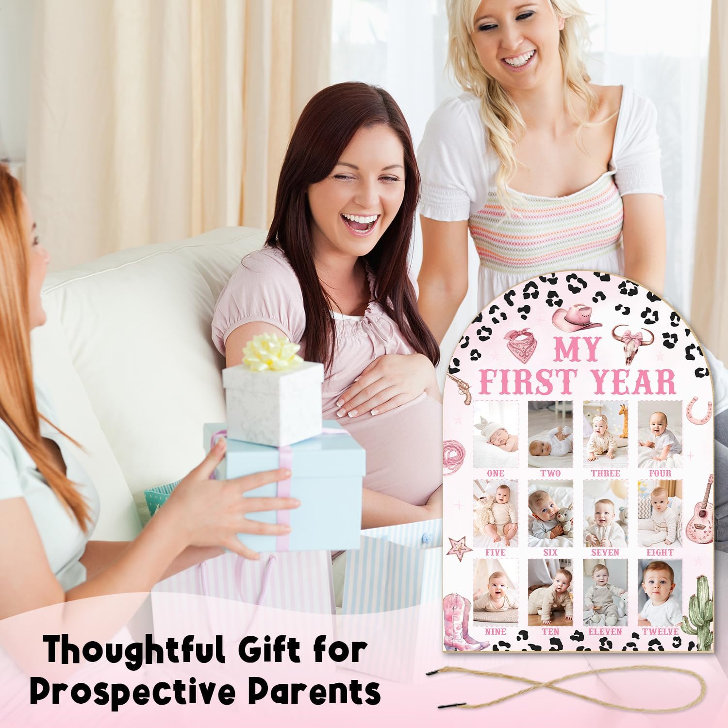 Pink Cowgirl My First Year Photo Board - Newborn 12 Months Milestone Wooden Photo Board, First Birthday Decorations, Baby Girls Keepsake Gift (Fit 2x3in Pic) -01
