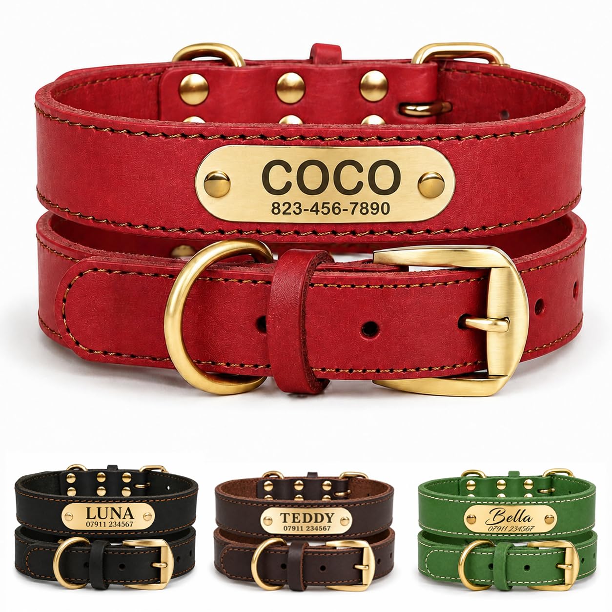 Personalised Genuine Leather Dog Collar with Deep Engraved Name Plate, Custom Pet ID Collar for Cats Small Medium Large Dogs, Name Phone Postcode,Adjustable 6 Sizes 4 Colours, Gift, UK Dispatch