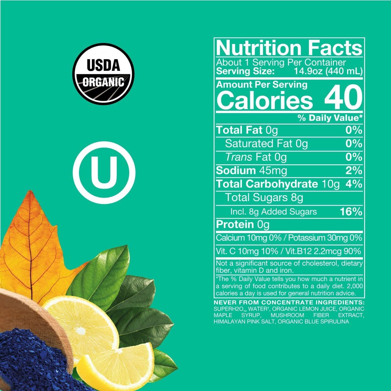 Organic SuperAde Hydration Drink, Boosts Memory, SuperFood Lemonade by Sol-ti, Cold-Pressed Blue Spirulina and Lemon Juice Blend, 16 Pack (14.9 Fl oz)