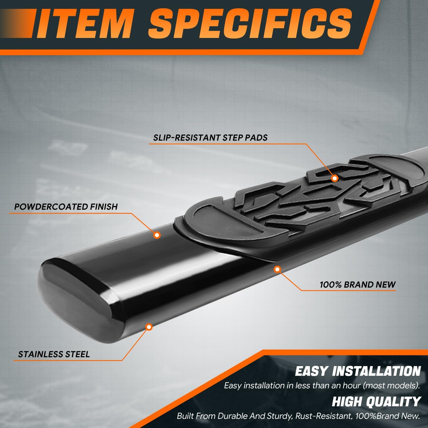 6 in. OD Oval Black Steel Side Step Nerf Bar Compatible with 19-24 Ram 1500 Quad Extended Cab CAAP-STEPS6O-016BK