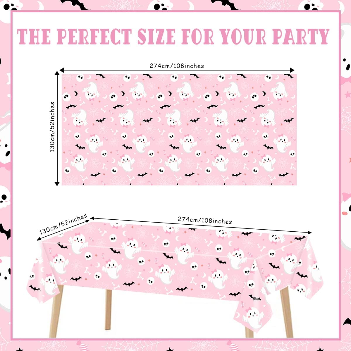 3PCS Halloween Tablecloth 8.95 * 4.26ft Pink Halloween Tablecloth Water-Resistant A Little Boo is Almost Due Tablecover Ghost Bat Rectangular Skulls Spider Web Table-Cloth for Dinner Party Decoration