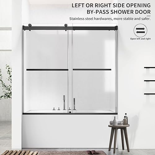 Miniatura 2 de Puerta corrediza de cristal para bañera, 56-60 pulgadas de ancho x 58 pulgadas de alto, sin marco, para baño, vidrio templado transparente de 516