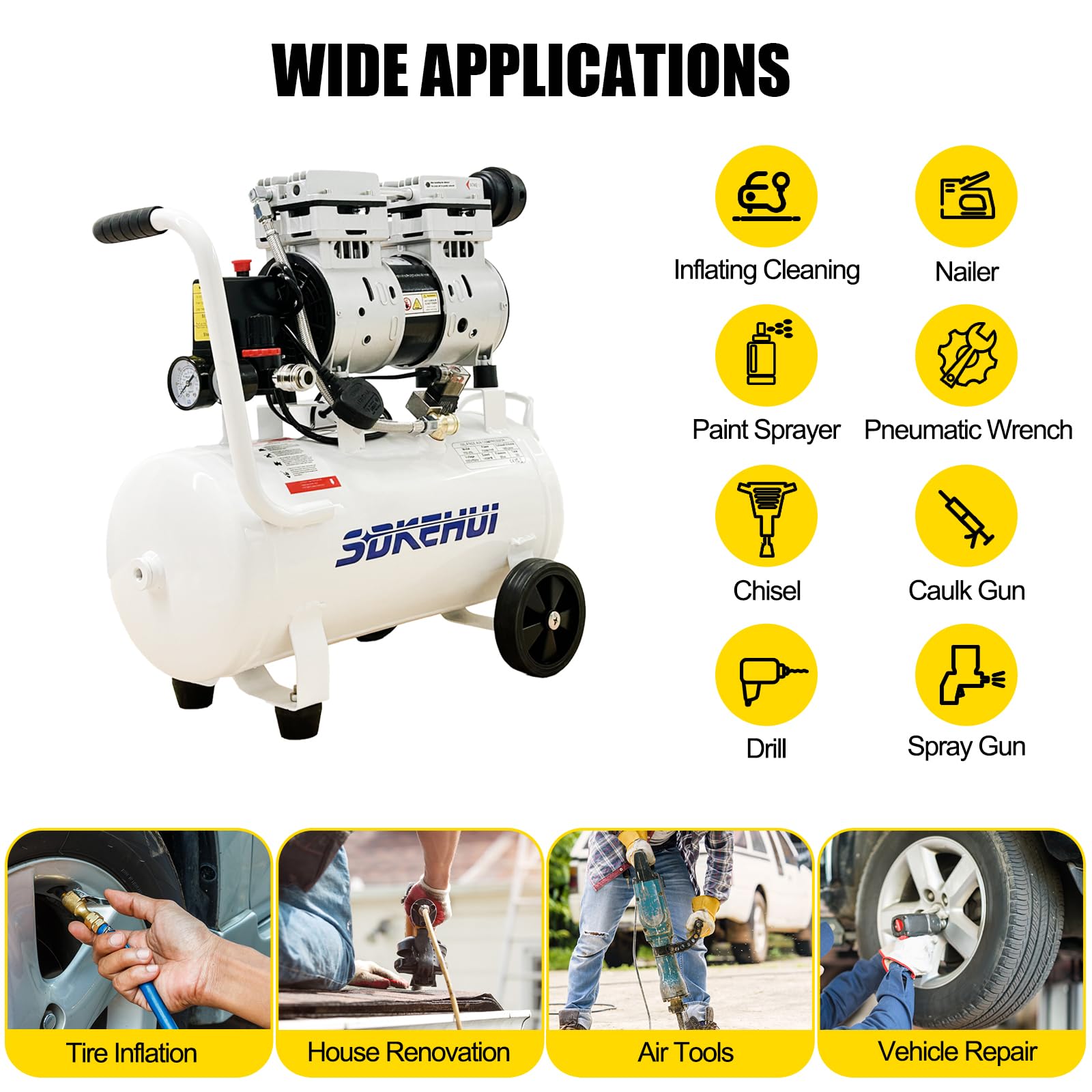 Compresor de Aire Ultra Silencioso 25L Ultra Quiet Air Compressor 750W de Tanque para Reparaciones en el Hogar y con Accesorios Completos