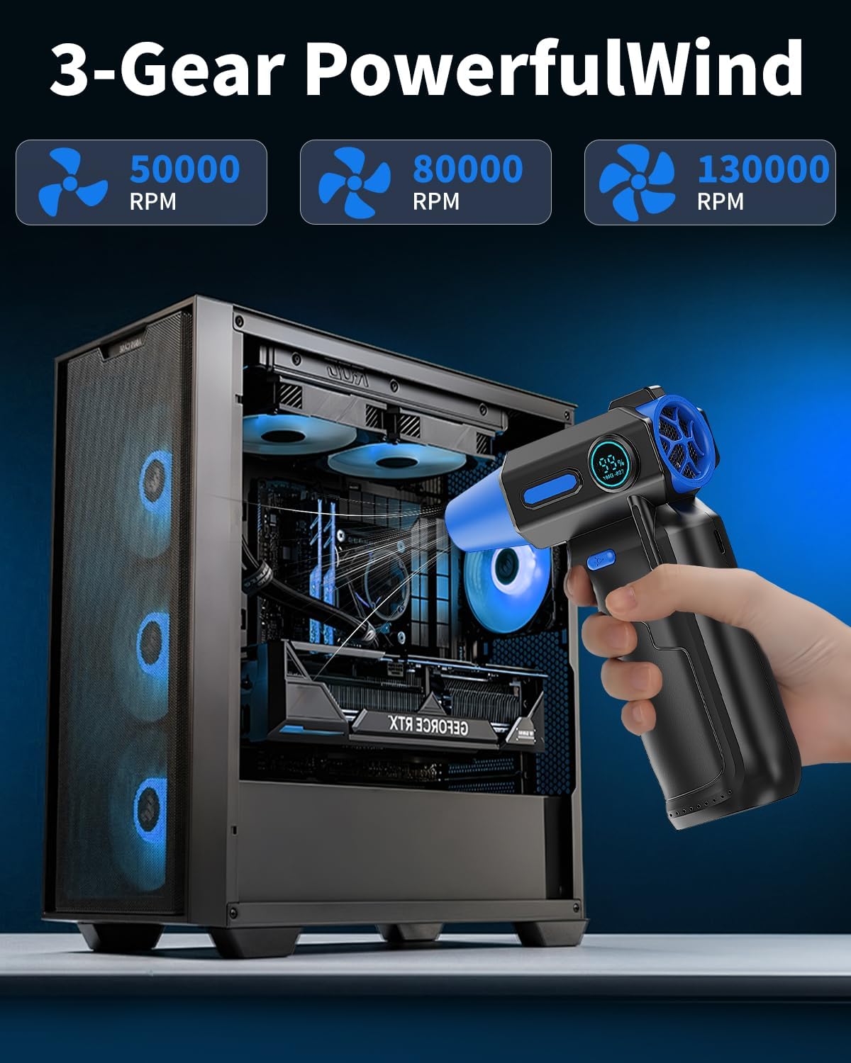 Compressed Air Duster-130000RPM Super Power Cordless Electric Air Duster, Rechargeable Brushless Motor, with LED Light, 3-Gear Adjustable Dust Blower for Computer, Keyboard, Outdoor, House and Car