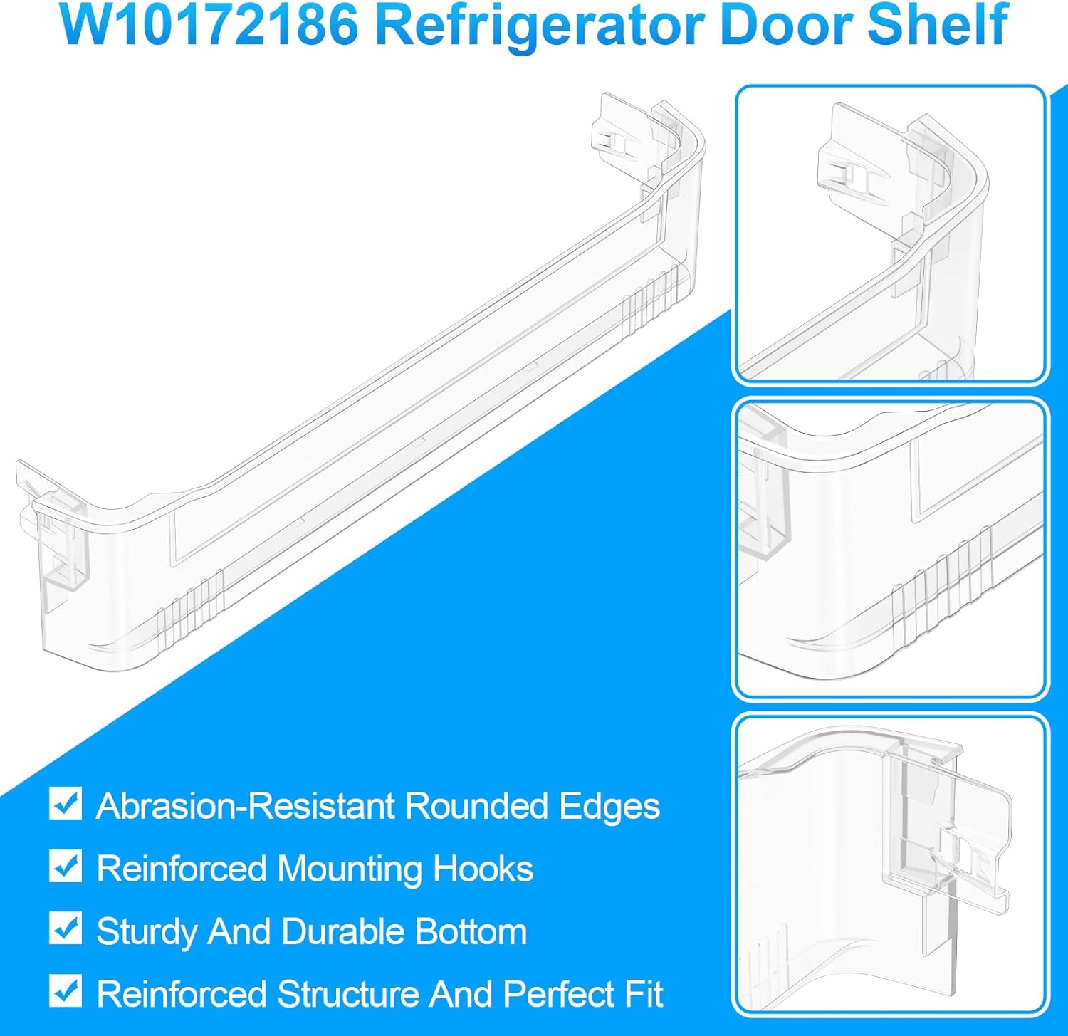 UPGRADED WPW10183971 W10172186 Refrigerator Door Shelf Bin Compatible with Whirlpool Refrigerator Shelf Replacement Part W10183971 Door Shelf Bar Kenmore Fridge Door Shelf Replacement Bottom Door Trim