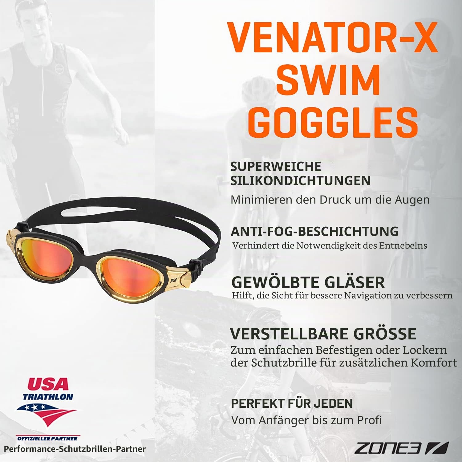 ZONE3 Venator-x Swimming Goggles, Black Gold, One Size