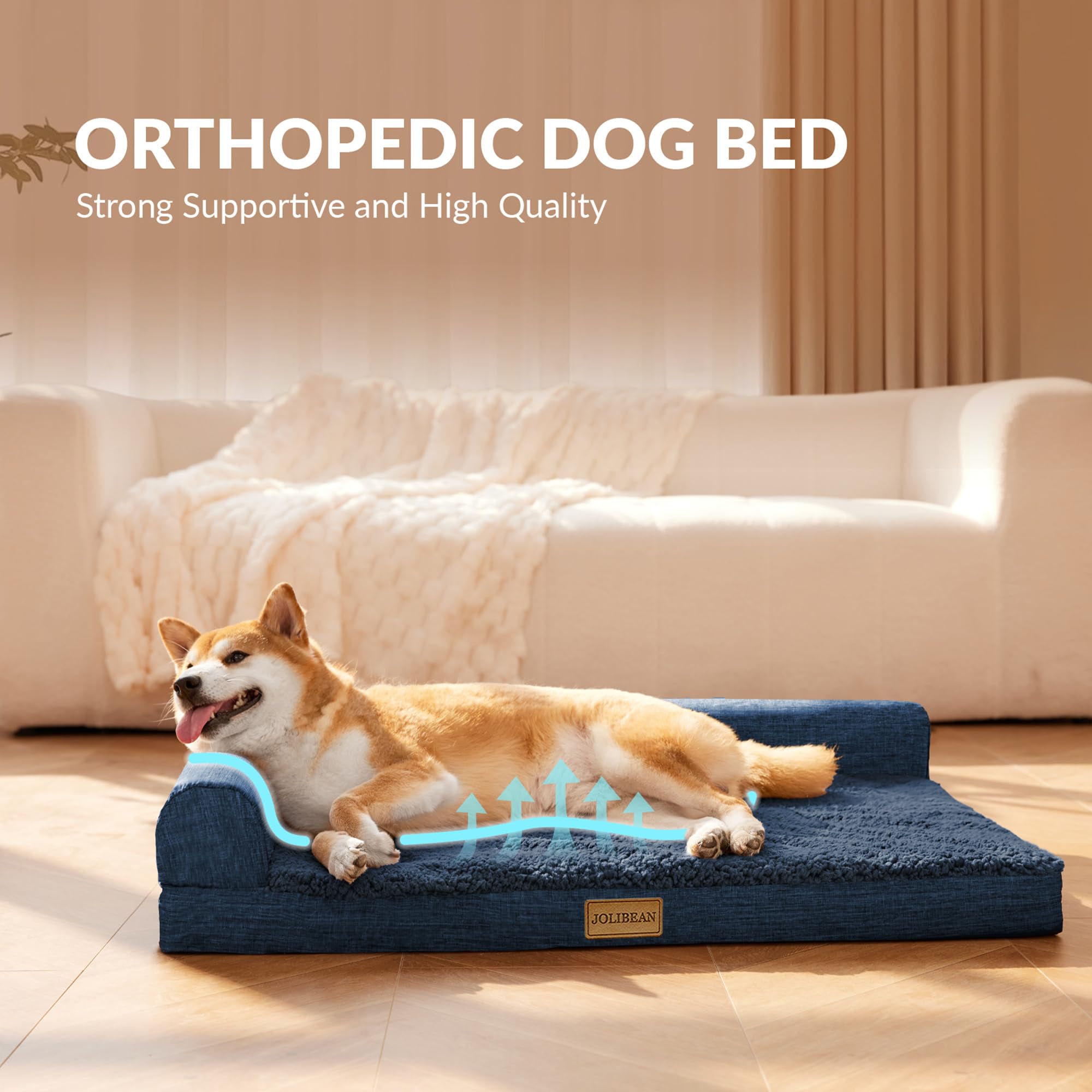 Cama Perro Grande Ortopédica, Colchoneta Perro de L, Sofá Perro con Espuma De Caja De Huevos, Impermeable Lavable Desenfundable, 122x76cm, Azul Marino