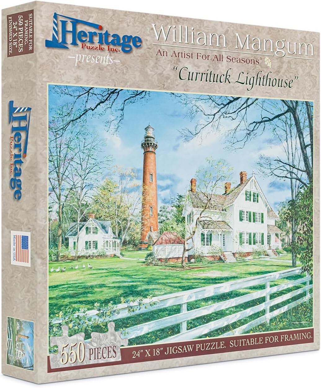 Heritage Puzzle - Currituck Beach Lighthouse by William Mangum 550 Piece Puzzles for Adults, Corolla, NC Ocean Beach Landscape - Frameable Jigsaw Puzzle 18"" x 24"" Finished Size