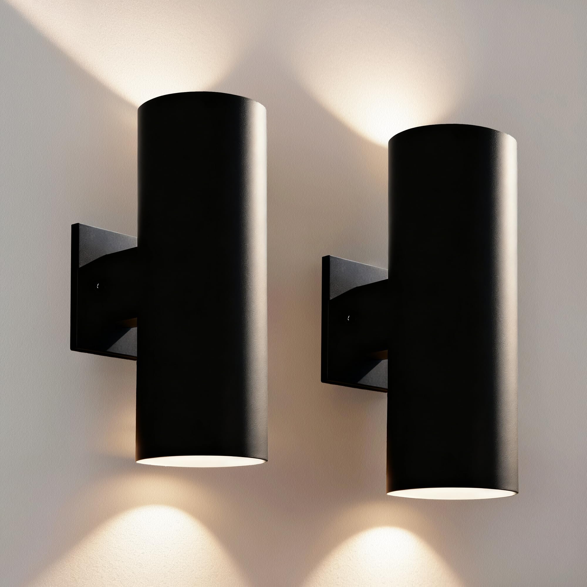 JYV Outdoor Wall Lights 2 Pack, 12'' Up and Down LED Cylinder Exterior Lighting Fixtures, 23W 3000K IP65 Waterproof Wall Sconces for House, Garage, Patio, Porch, Black