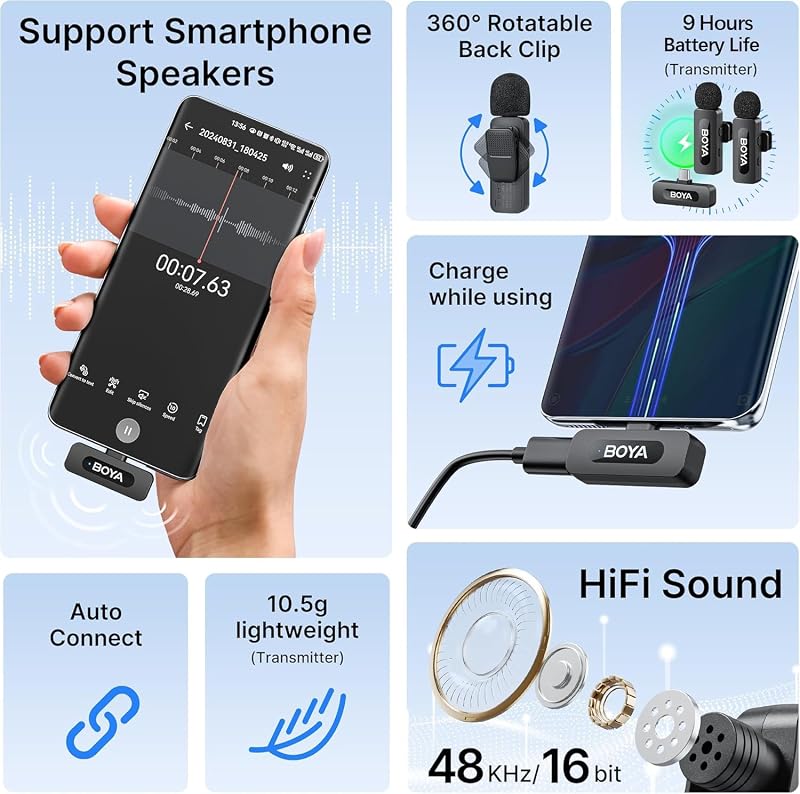 BOYA BY-V20 USB-C Vezeték Nélküli Lavalier Mikrofon Android PC-hez, 100m Hatótáv - BY-V20 (USB-C)