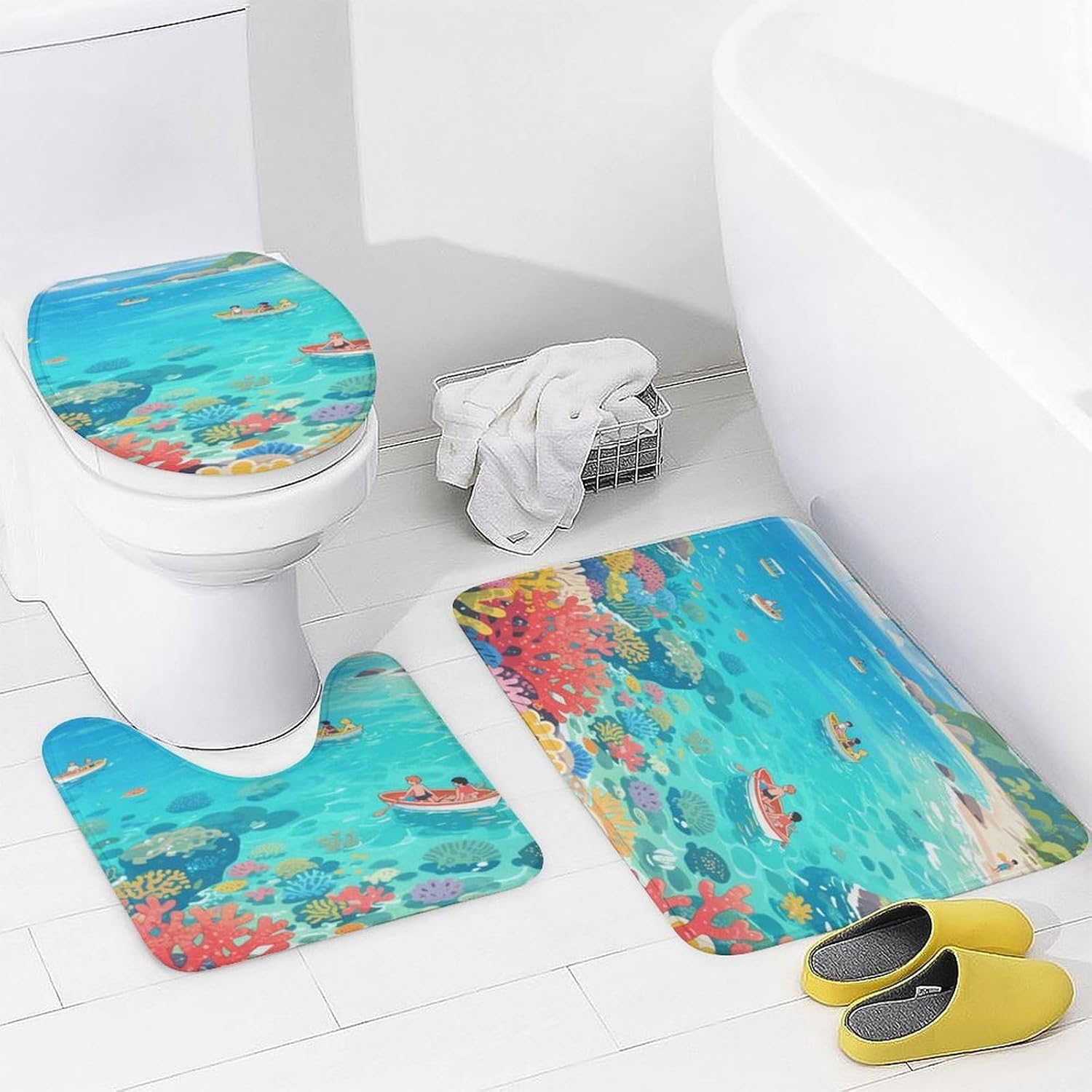 Coral Reef Bay Bath Rug Set 4 Piece,Bathroom Accessories Set-Toilet Rugs U Shaped,Toilet Lid Cover,Shower Curtain and Rugs,Ultra Soft, Absorbent,Home Decor