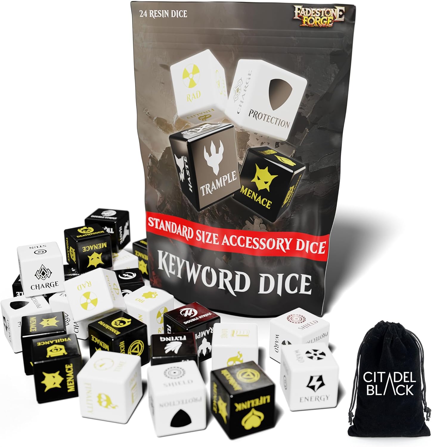 MTG Keyword Dice - Set of 24 Premium Dice with Velvet Drawstring Storage Pouch, Designed for Magic: The Gathering