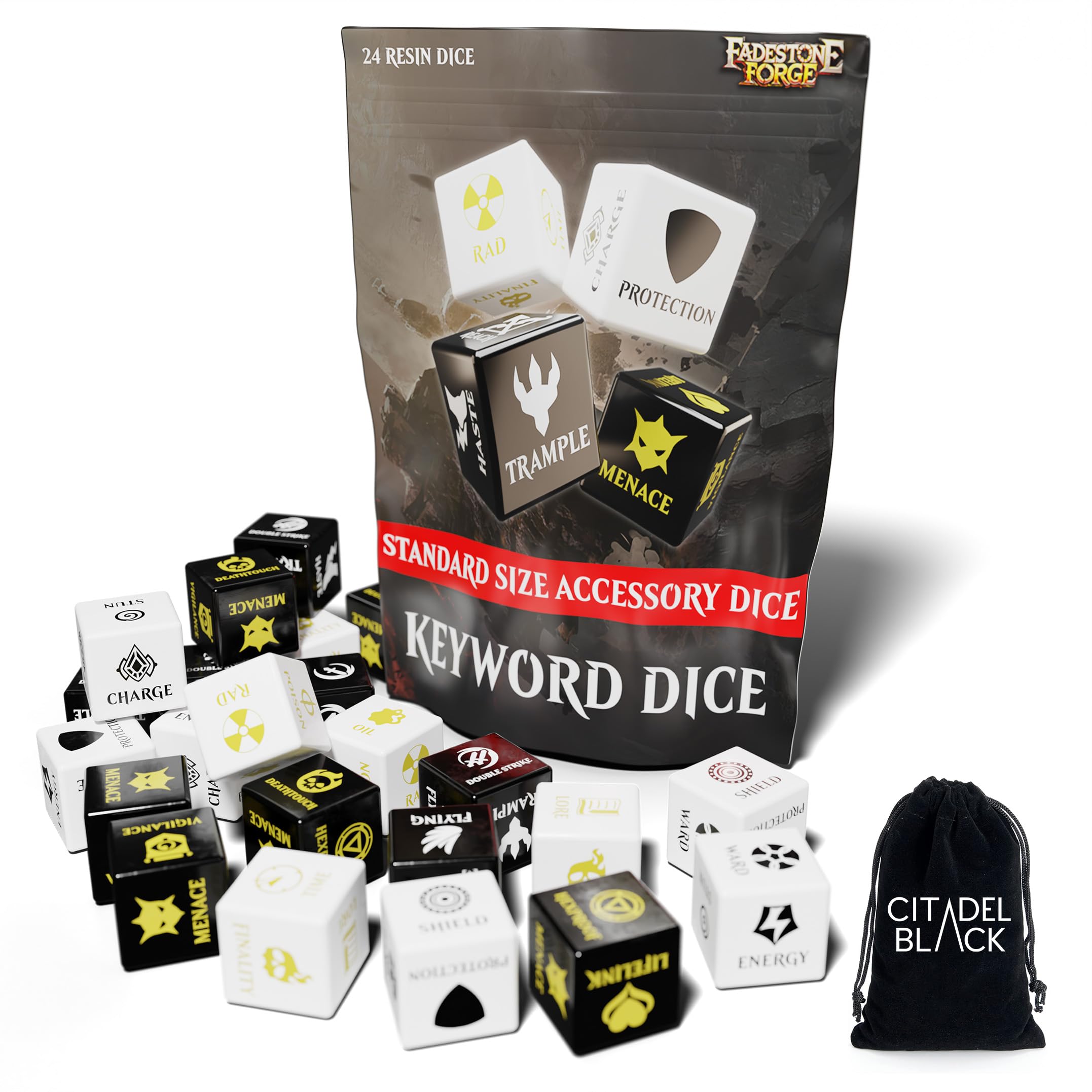 Fadestone Forge MTG Keyword Dice - Set of 24 Premium Dice with Velvet Drawstring Storage Pouch, Designed for Magic: The Gathering