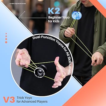 MAGICYOYO Responsive Yoyos for Kids Beginners Proyoyo 2 Pack Dual Function Trick Yoyo V3 + Cystal Yoyo K2 with 12 Yo String 2 Holes Case Bag Accessory Kit V3 Black + K2 Blue
