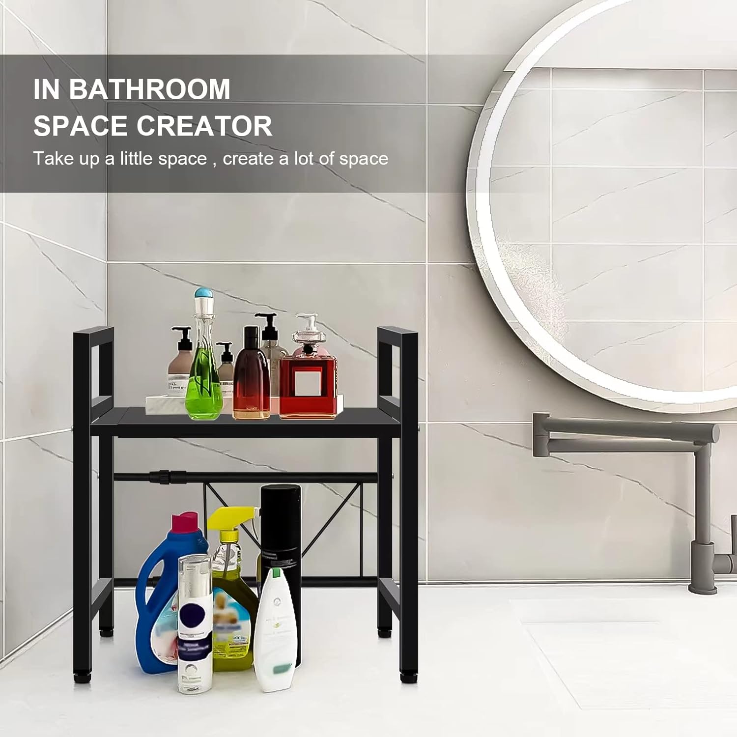 Extendable Microwave Oven Rack, Adjustable Microwave/Toaster Shelf Heavy Duty Stand Kitchen Counter Top Organizer(L15.7~25.2" xW12.6 xH17.1), 2-Tier with 6 Hooks, 160lbs Weight Capacity Black