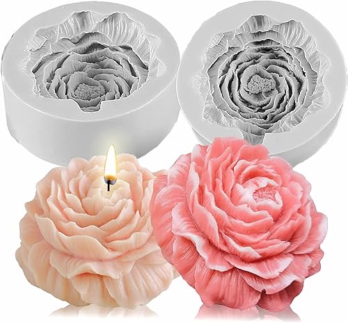 Molde de silicona de flores, 2 moldes de silicona de peonía 3D para derretir cera, velas, fabricación de jabón, fondant, chocolate de caramelo,