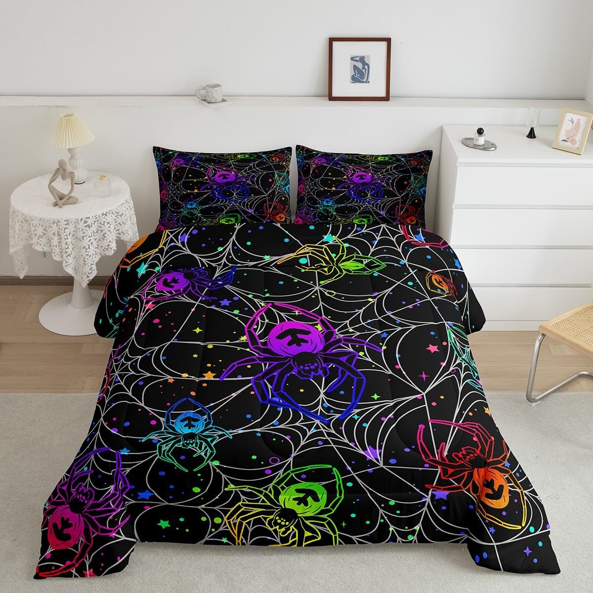 Feelyou Spider Decorations Comforter Set Queen Size Halloween Bedding Set Toddlers Teens Adults Colorful Spider Web Quilt Set Spiderwebs Glitter Soft and Lightweight Duvet Set