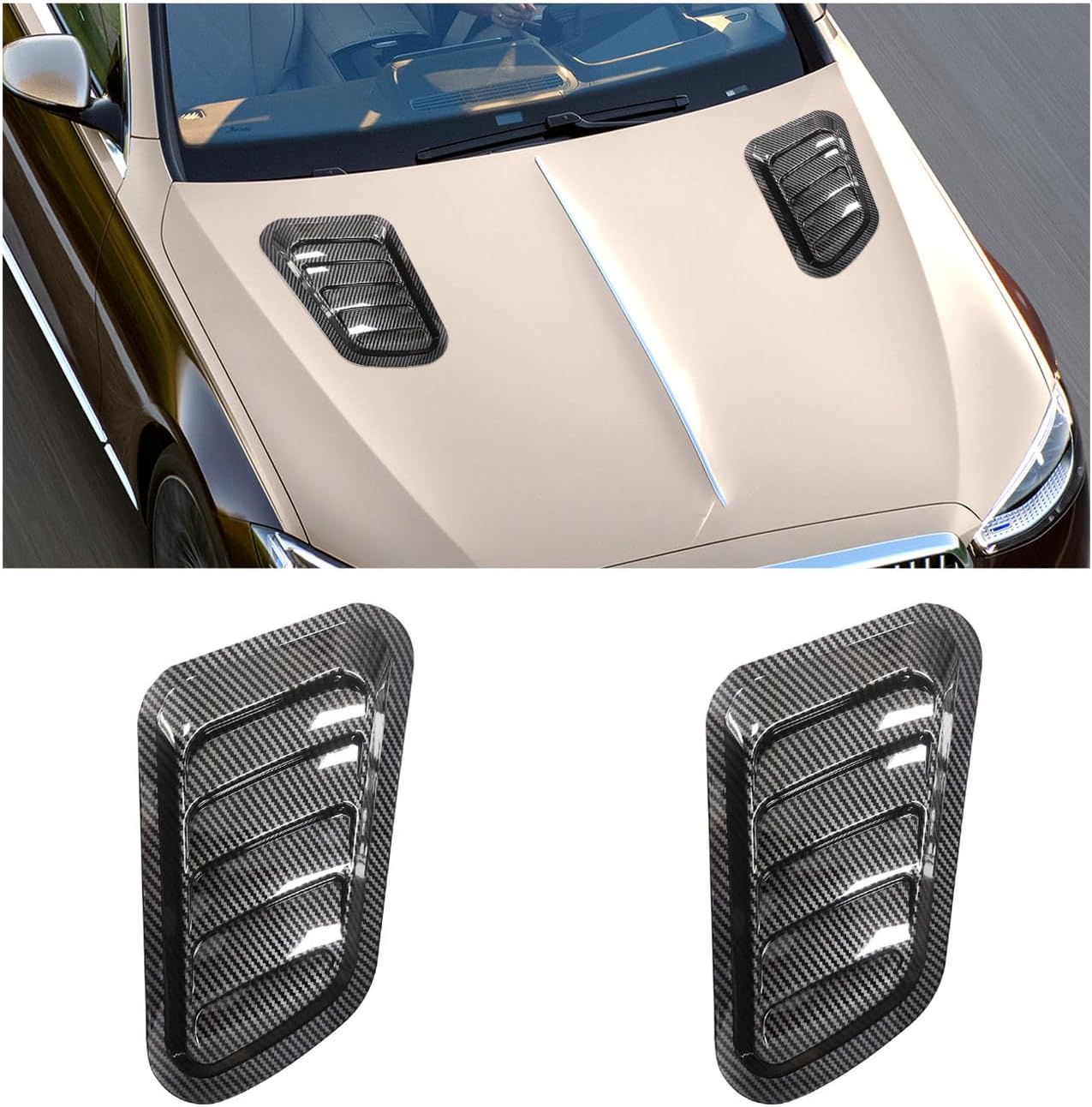 Dickno 2PCS Car Hood Air Vent Cover, Universal Automotive Bonnet Air Vents Engine Hood Scoop, Front Air Vents Engine Hood Cover Trim, Vehicle Exterior Decor Accessories for Most Cars (Carbon Fiber)