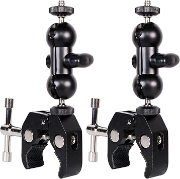 Cool Dual Ball head Magic Arm Adapter Camera Clamp Mount Super Clamp with 1/4 and 3/8 Thread, for DSLR Camera Rig, LED Light, Flash Light, Action Cam, 2Pack