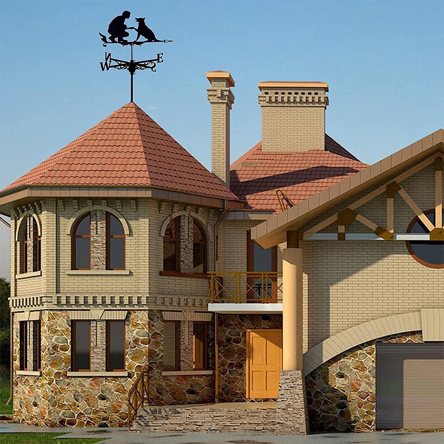 Weather Vane Ornament,Weather Vane Man and Dog Sculptures Garden Weathervane Wind Vane Garden Yard Wind Direction Indicator