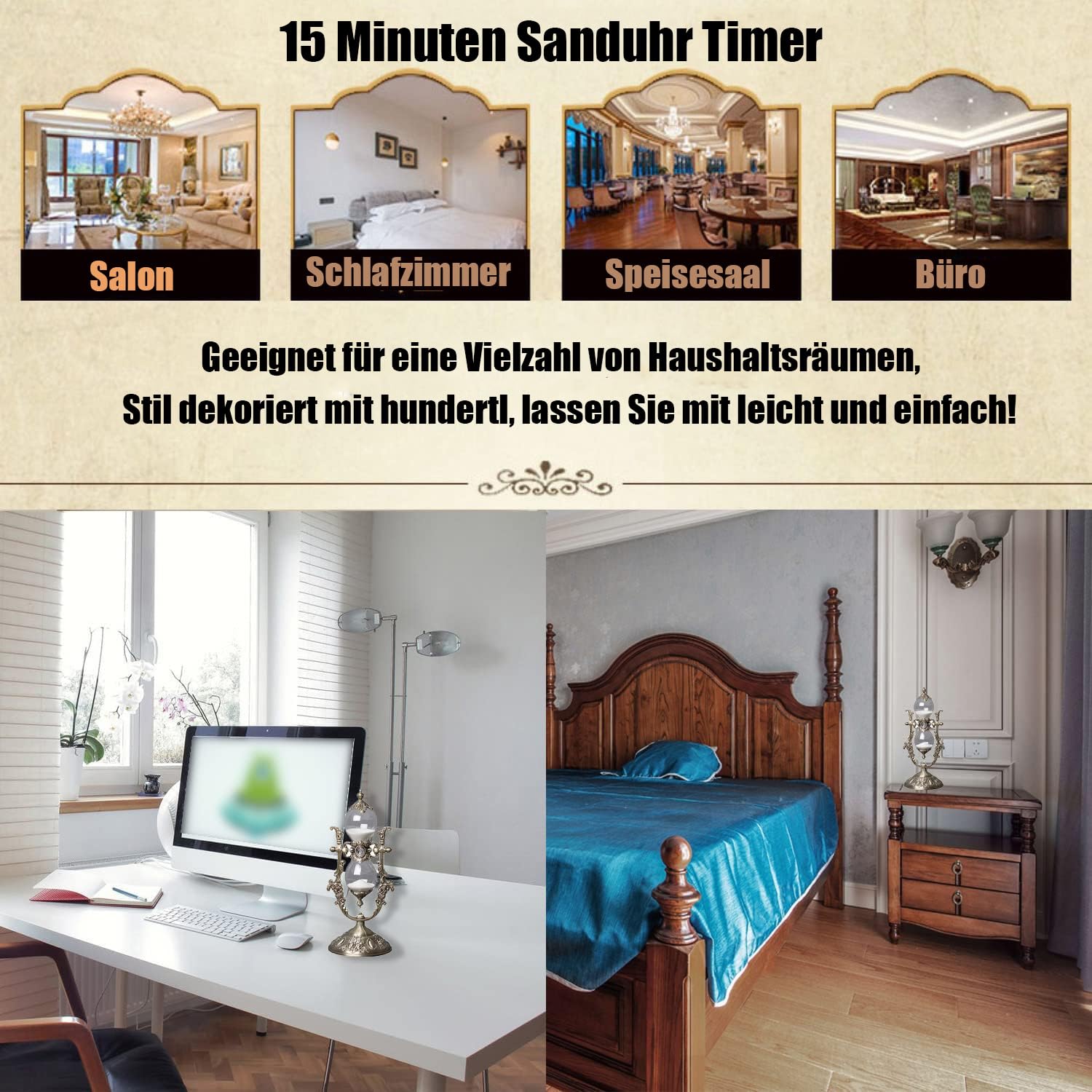 Clessidra Timer 15 Minuti In Vetro Soffiato A Mano, Colore Oro Con Rilievi, Decorazione Vintage Per Scrivania O Regalo
