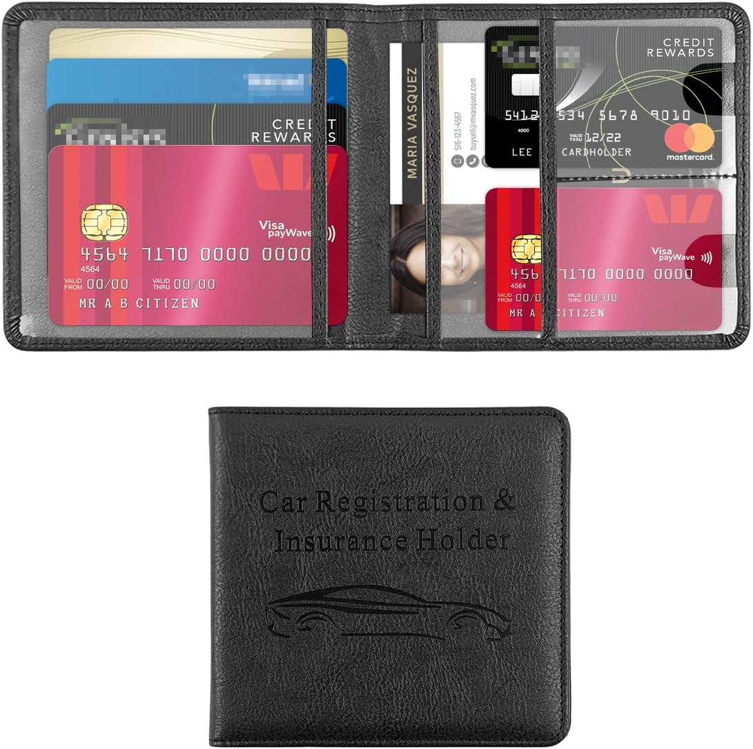 TSUGAMI Car Registration and Insurance Holder, PU Leather Vehicle Glove Box for Cards Essential Document & Driver License, Automotive Organizer Case Wallet Accessories, Universal Fit (Black) TSUGAMI Car Registration and Insurance Holder, PU Leather Vehicle Glove Box for Cards Essential Document & Driver License, Automotive Organizer Case Wallet Accessories, Universal Fit (Black)