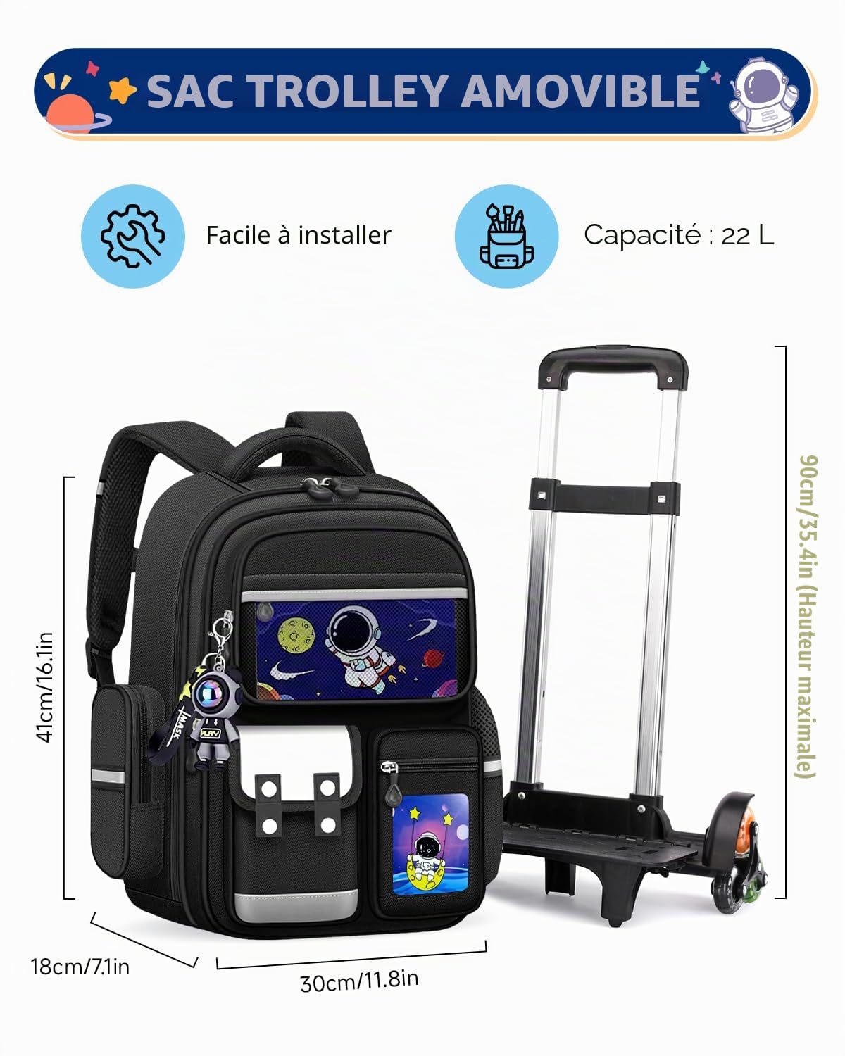 Amythe Cartable à Roulettes Garçon 6-10 Ans, 6 Roues, Noir | Sac à Dos École Primaire avec Chariot Démontable, 20L avec Bandes Réfléchissantes pour Enfants, Rentrée scolaire