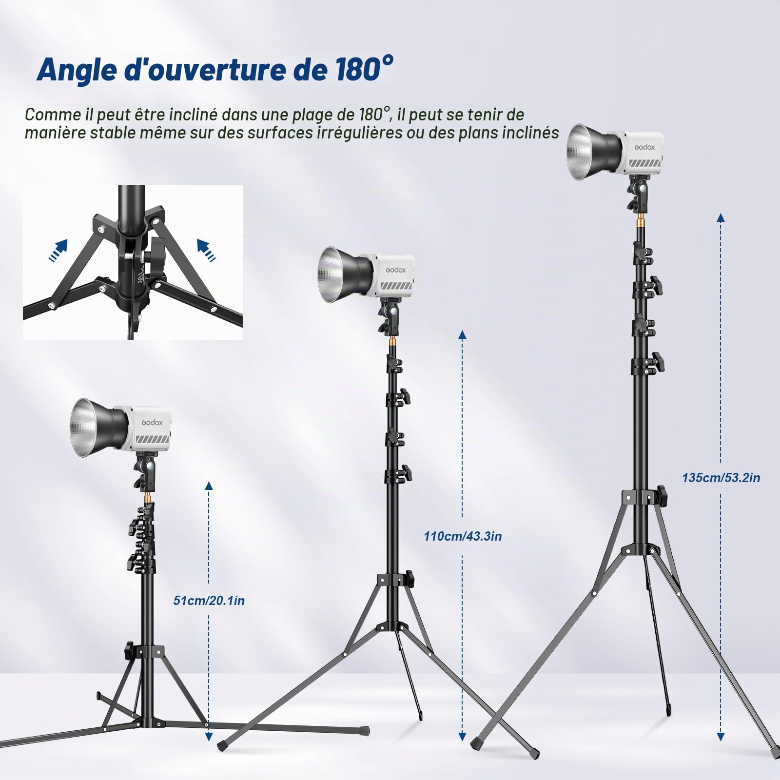 Godox Support de lumière Extensible 210 cm/83,9 Pouces avec vis Universelle 1/4" et 3/8" Réversible Portable Studio Lighting Trépied avec Sac de Transport pour boîte à lumière stroboscopique