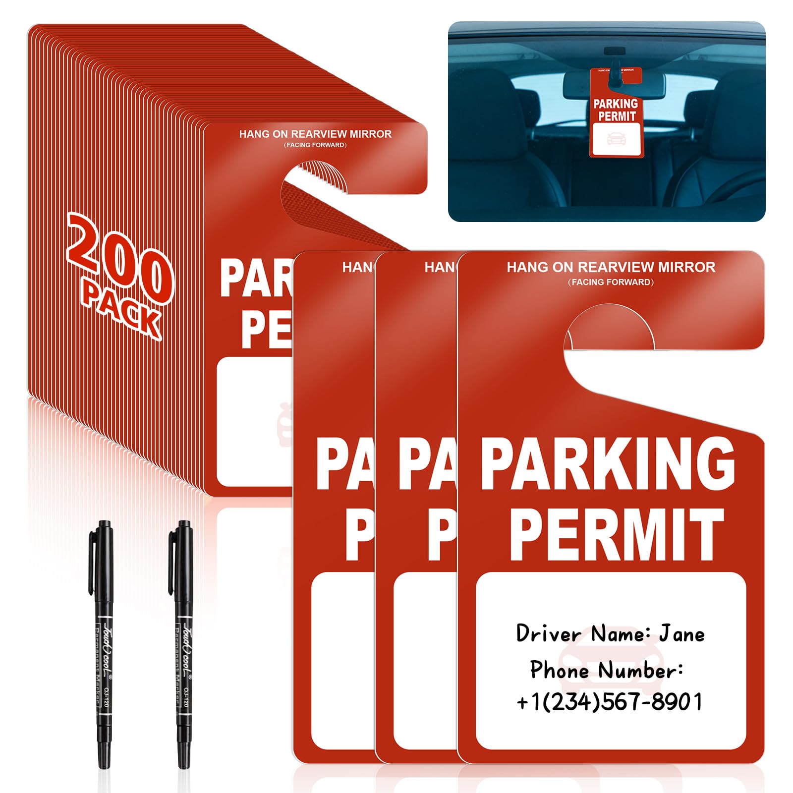 Photo 1 of 200 PCS Plastic Parking Permit Hang Tags Red Rearview Mirror Placards Thick 18 Mil Waterproof PVC 3x5 Inch Single-Sided Printing with 2 Marker Pens for Temporary Parking Passes (200, Red)