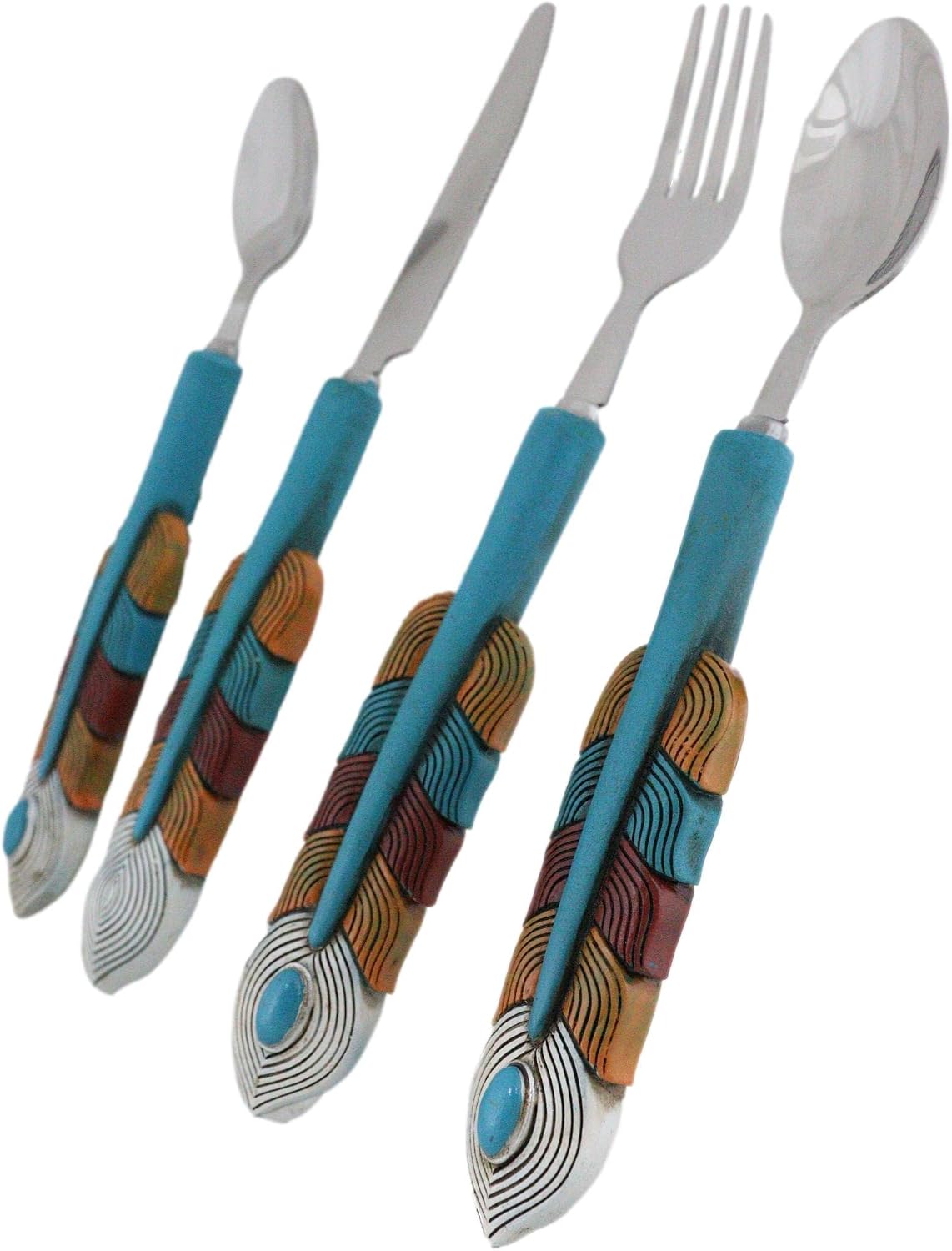 Ebros Gift Southwest Boho Chic Native American Indian Turquoise Dreamcatcher Feather Design Tableware Flatware Set Resin Sculptures Fork Spoon Knife And Teaspoon Pack (1)