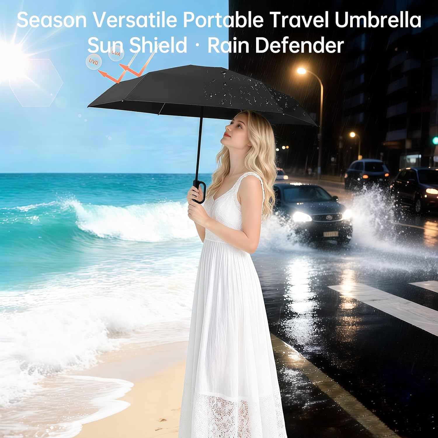 Compact Travel Umbrella with Carabiner Ring Handle, Windproof 5-Fold Portable Umbrella, UPF 50+ UV Protective Sun Parasol, Water Repellent Lightweight Small Rain Shield for Backpack, Purse, Stroller image 3