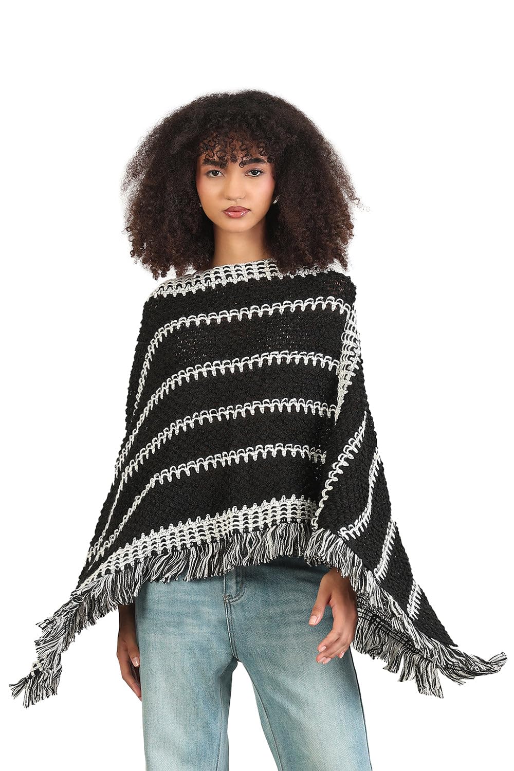 SHOWOFF Women's Striped Black Fringed Edge Poncho-CHN-016_Black-image-34