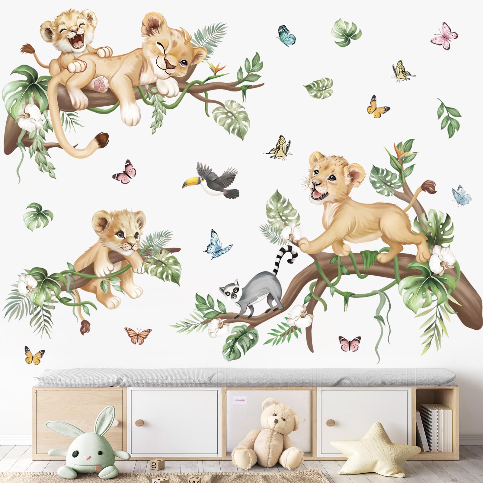 wondever Stickers Muraux Lion Animaux de la Jungle Autocollants Muraux Mural Stickers Enfant Safari Branche Arbre pour Chambre Enfants Bébé Pépinière