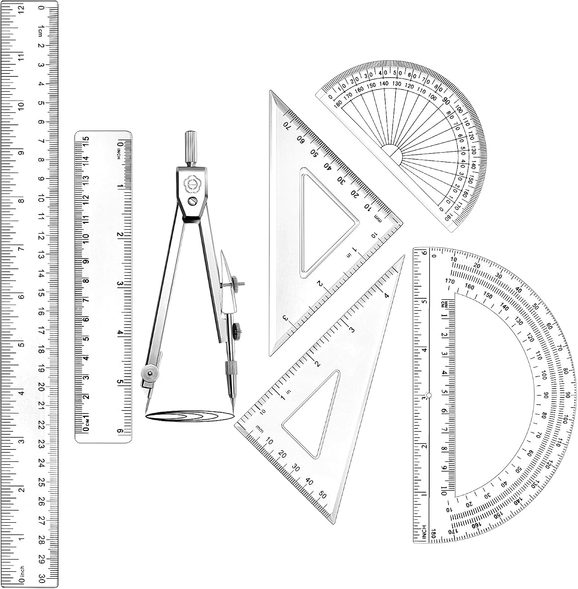 Zonon 7 Pcs Geometry Set with Drawing Compas, 6&4 Inch Protractors, Clear | Triangle Rulers and Straight Rulers, Transparent Math Drafting Supplies for Back to School, Students and Office Use
