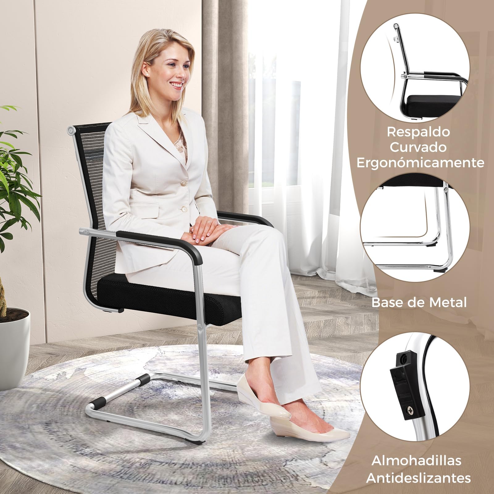 COSTWAY Sillas Oficina sin Ruedas, Aplicable con Reposabrazos (4)