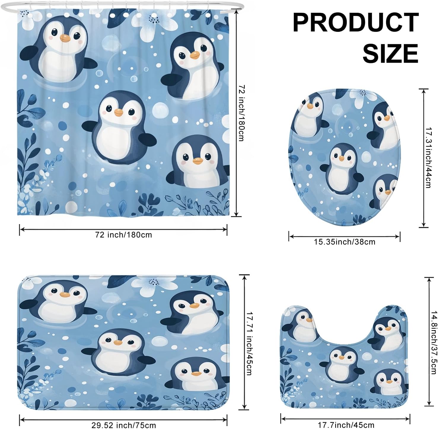 4PCS Kid Fun Penguin Bathroom Accessory Sets with Non-Slip Rug, U Shape and Toilet Lid Cover Mat, Winter Cartoon Animal Bathroom Decorative-72''x72''