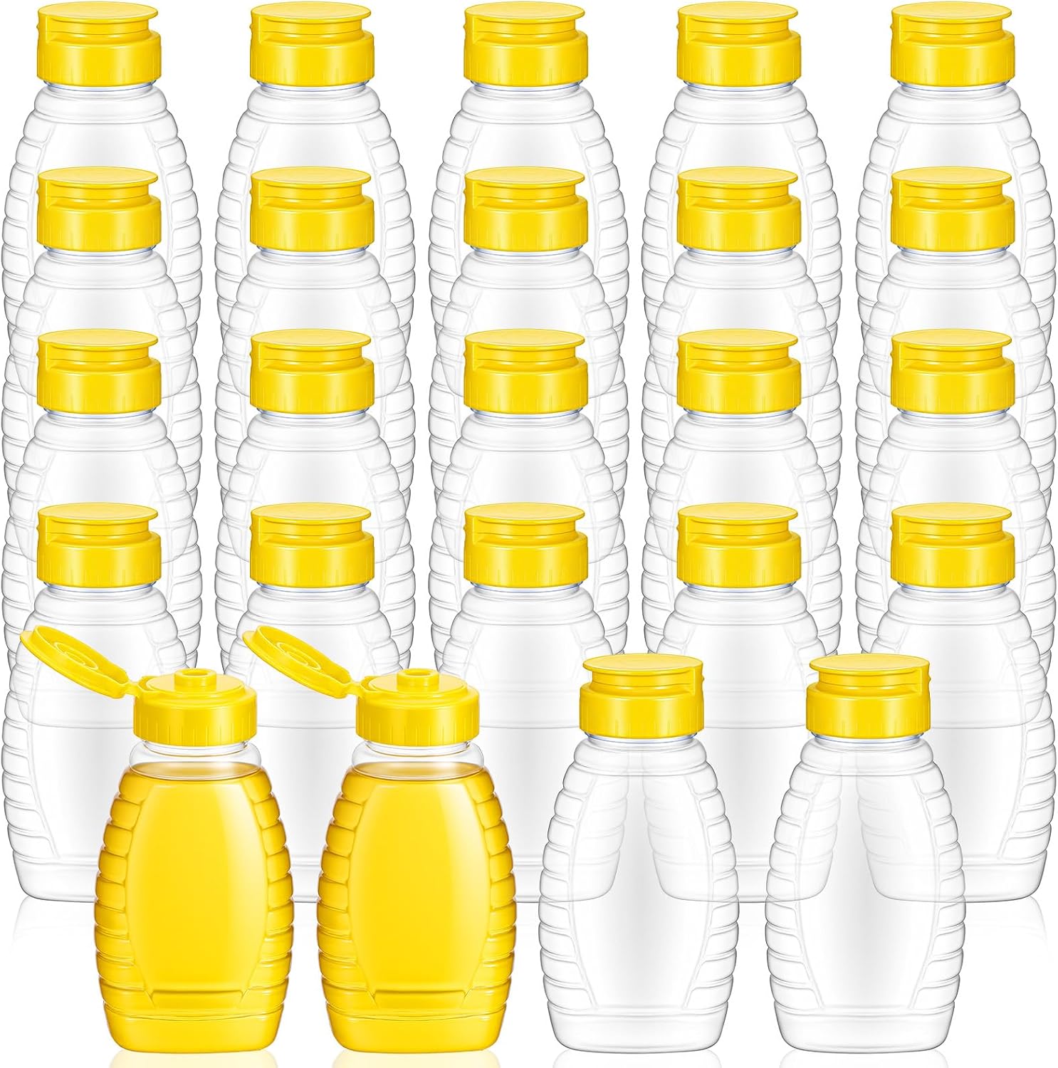8oz Clear Plastic Honey Bottles Refillable 24 Pack Food Grade Leakproof Squeeze Empty Honey Jar Container Holder with Flip Lid for Storing and Dispensing (Yellow)