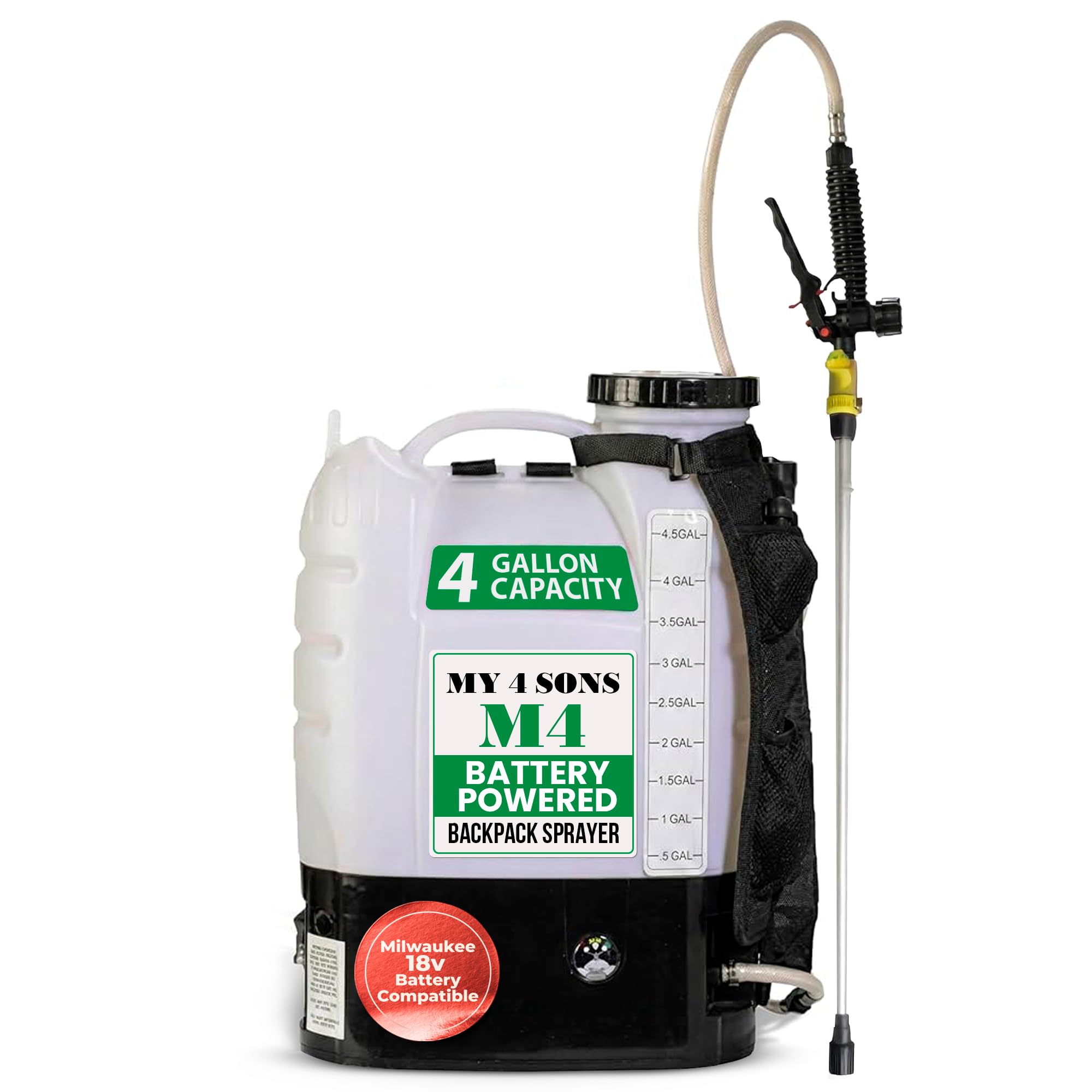 Amazon.com : Backpack Sprayer MY4SONS M4 4-Gallon Cordless Battery Powered  Compatible w/Milwaukee 18V - 100 PSI Pump - Liquid Sprayer Backpack - Heavy  Duty Electric Spray for Lawn, Garden - (Battery NOT