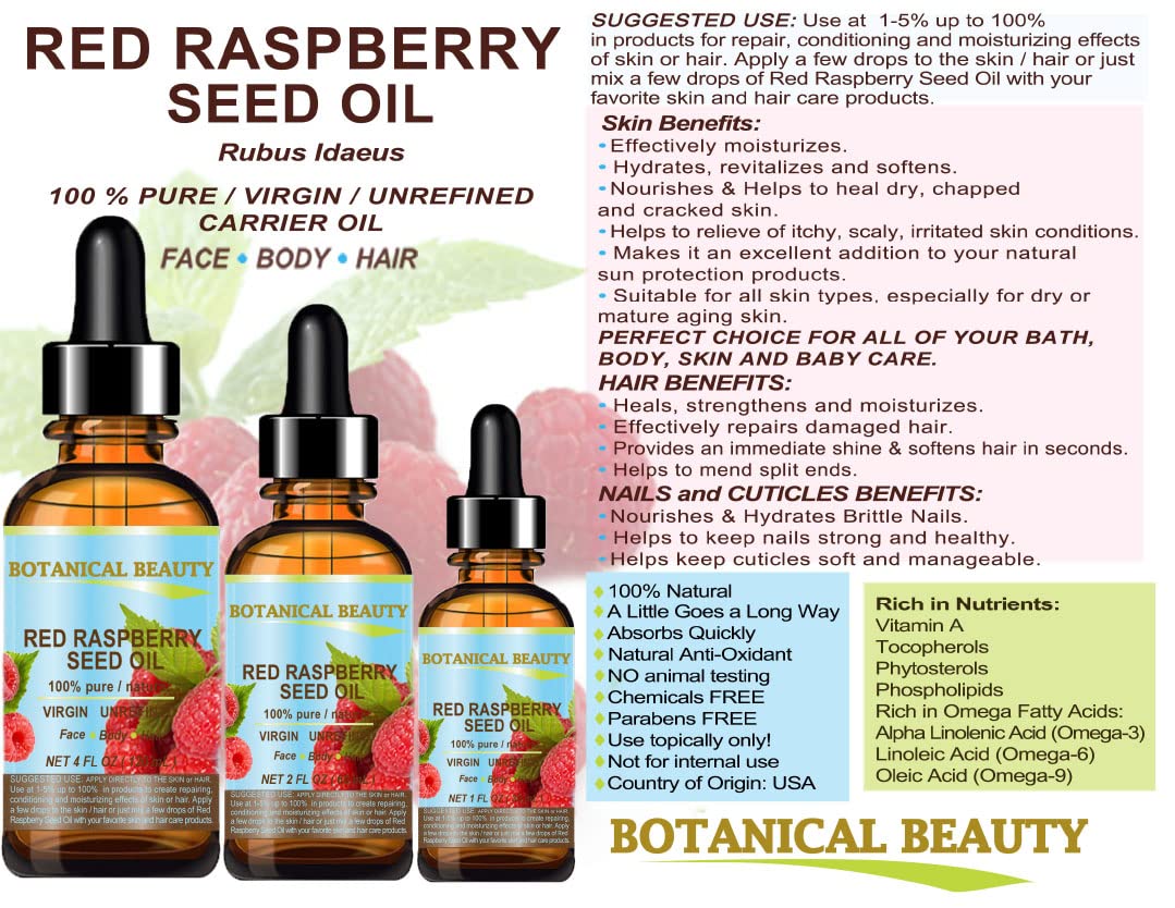 Botanical Beauty RED RASPBERRY SEED OIL 100% Pure Natural Virgin Unrefined Undiluted Cold Pressed Carrier Oil for Face, Skin, Hair, Body, Nails. Rich in Vitamin C, Vitamin E (1 Fl Oz)