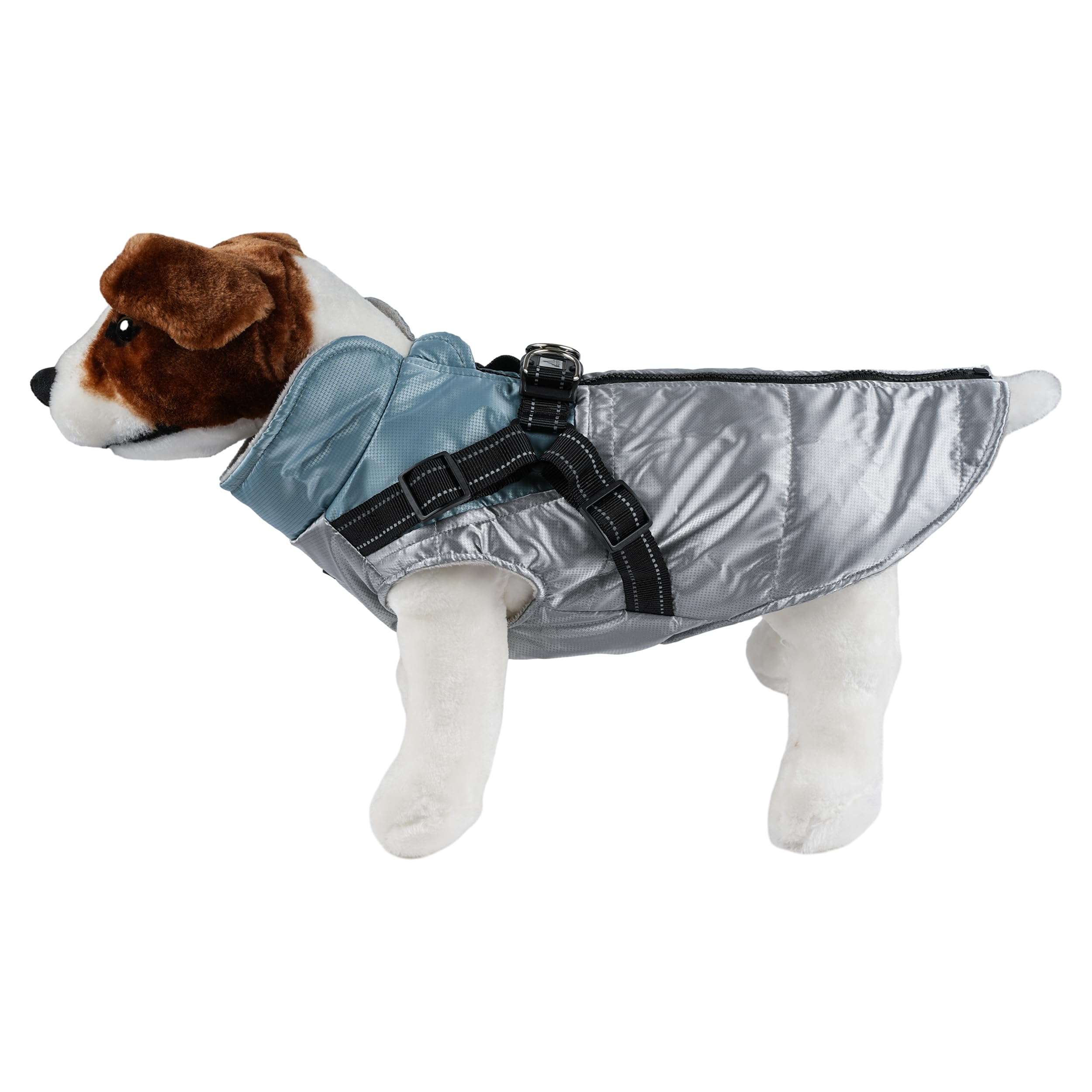 Chaqueta Impermeable para Perros con Arnés Ajustable - Abrigo de Invierno A Prueba de Viento, Ideal para Mascotas Pequeñas, Medianas y Grandes (Plata/Azul, Talla 40cm)