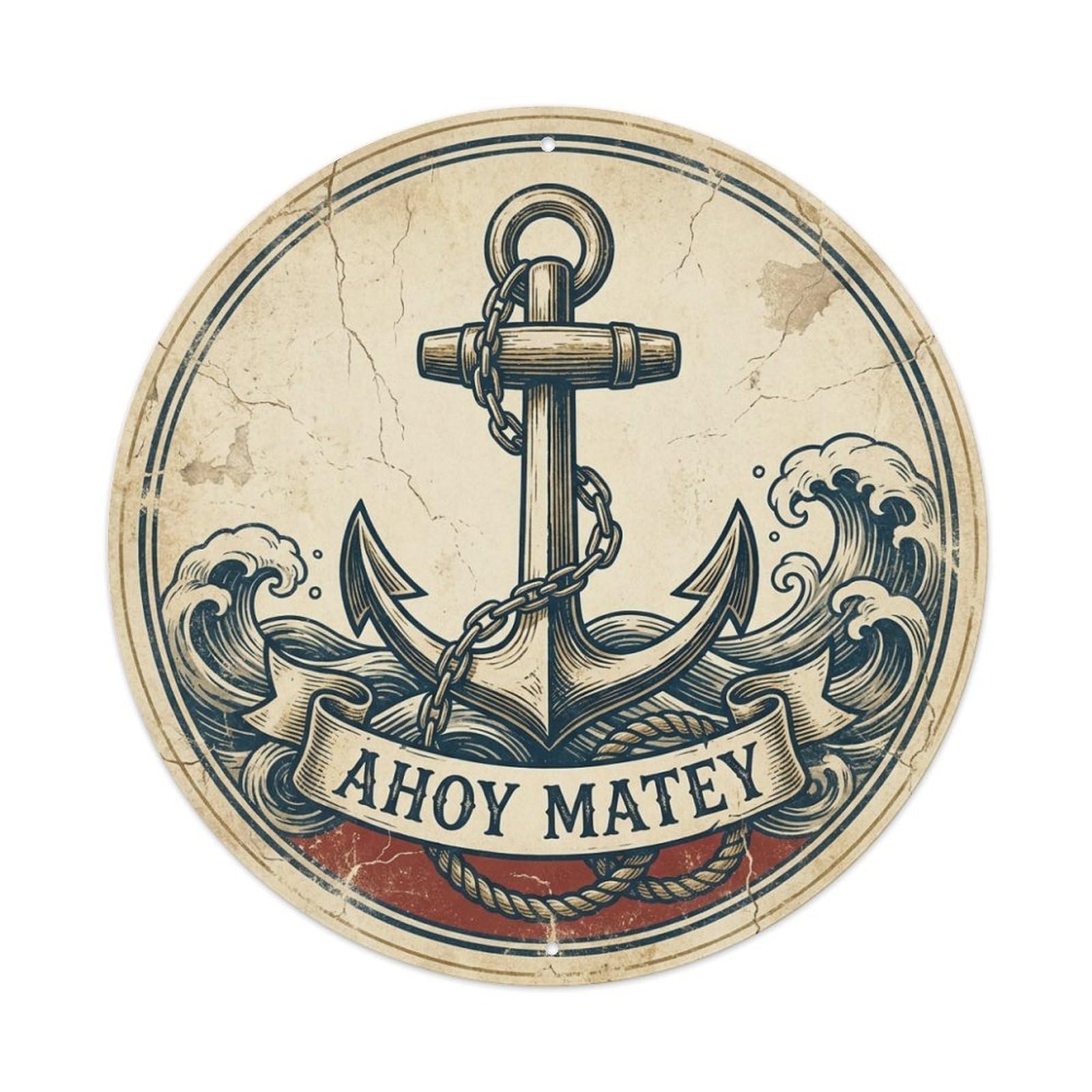 Ahoy Matey Anchor Waves Pirate Nautical Slogan Metal Tin Sign