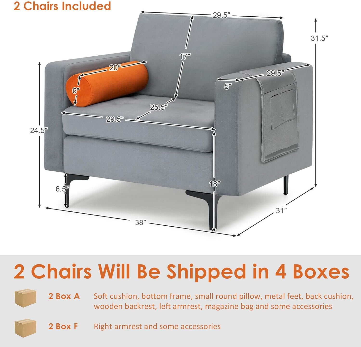 MARURY Set of 2 Accent Armchair Single Sofa, Home Furniture, Apartment, Dorm Sofabed, w/Bolster and Side Storage Pocket Ash Grey