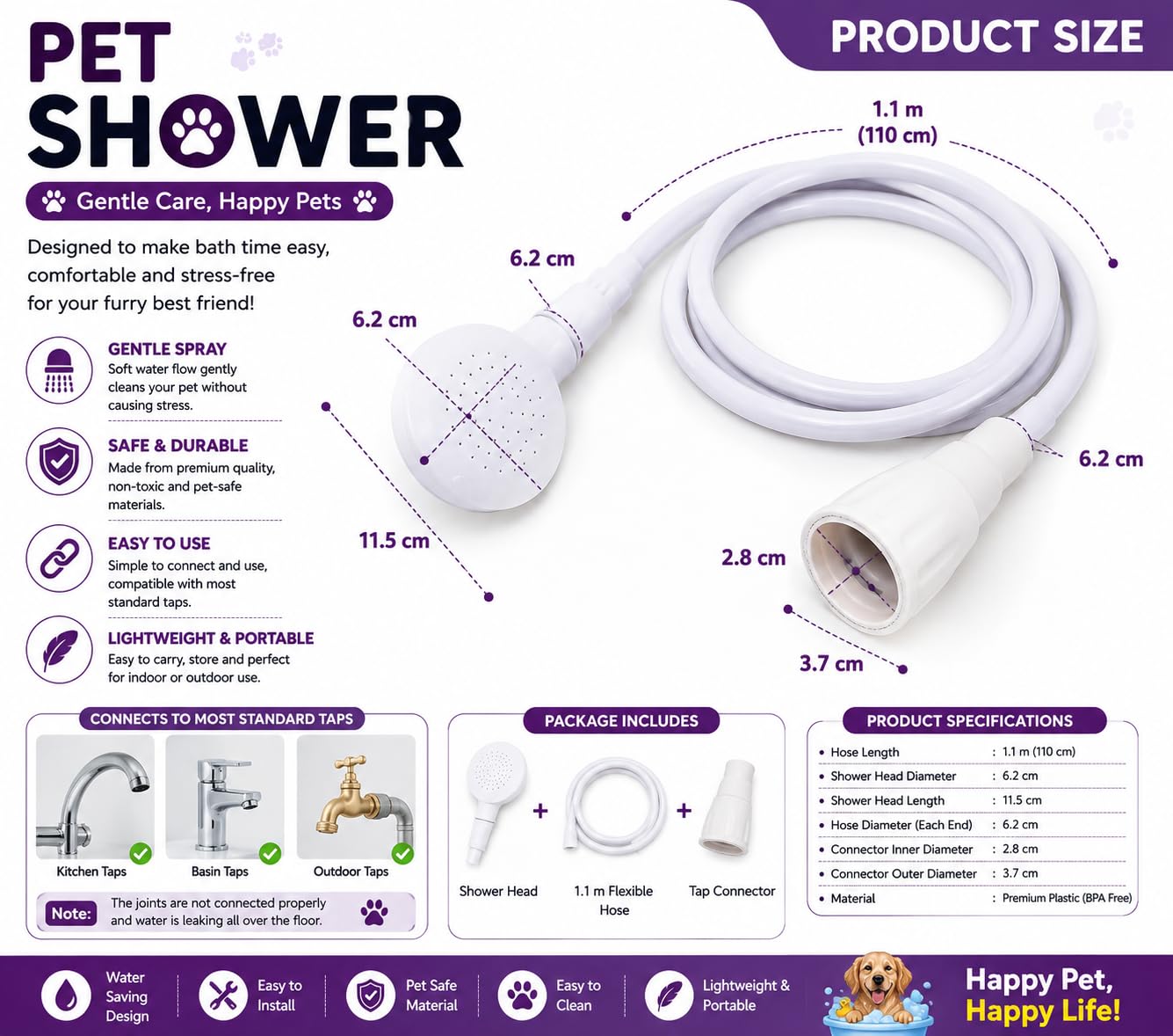 Woofy Multifunctional Pet Grooming Portable Handheld Shower Head with Tub Faucet Sprayer Hose Kit Suitable for Bathing, Bucket Filling and Washing Hair (White) 2