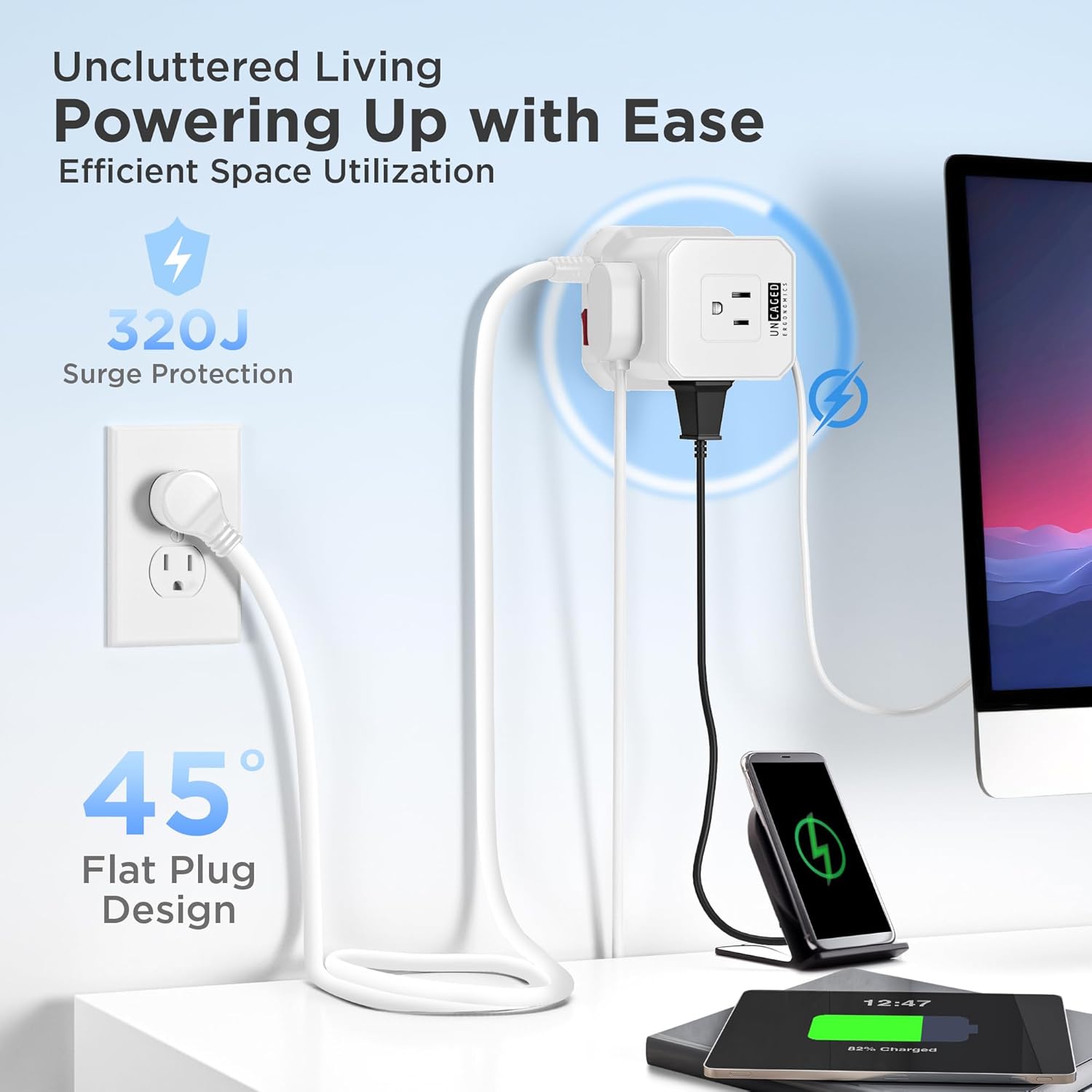Uncaged Ergonomics Cube Power Strips w/Surge Protection, 10ft Extension Cord with Multiple Outlets, 5 AC Plugs, 3 USB (1C Port) Fast Charging Power Strip with USB Port, On/Off Switch Charging Station